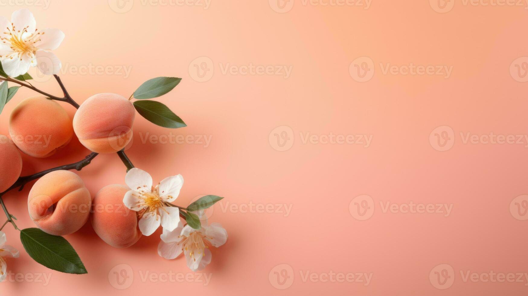 AI generated Peach Fuzz Blossoms and Fruit on Pastel Background. photo