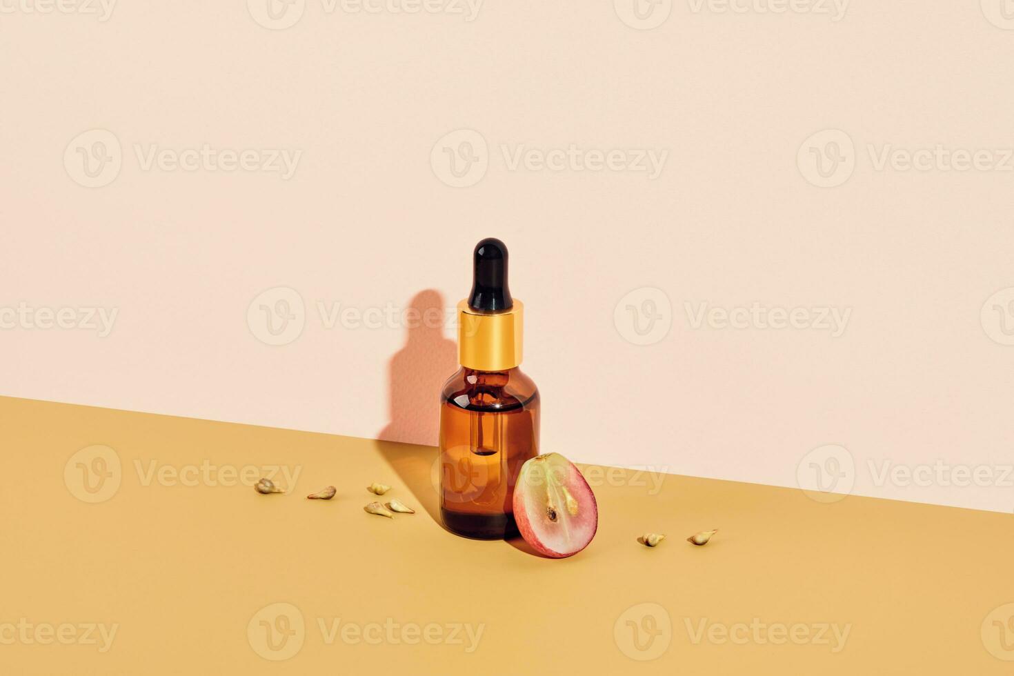 Organic cosmetics with grape seed oil. Zero Waste Winemaking. Skincare cosmetic product, diagonal isometric view and shadow photo