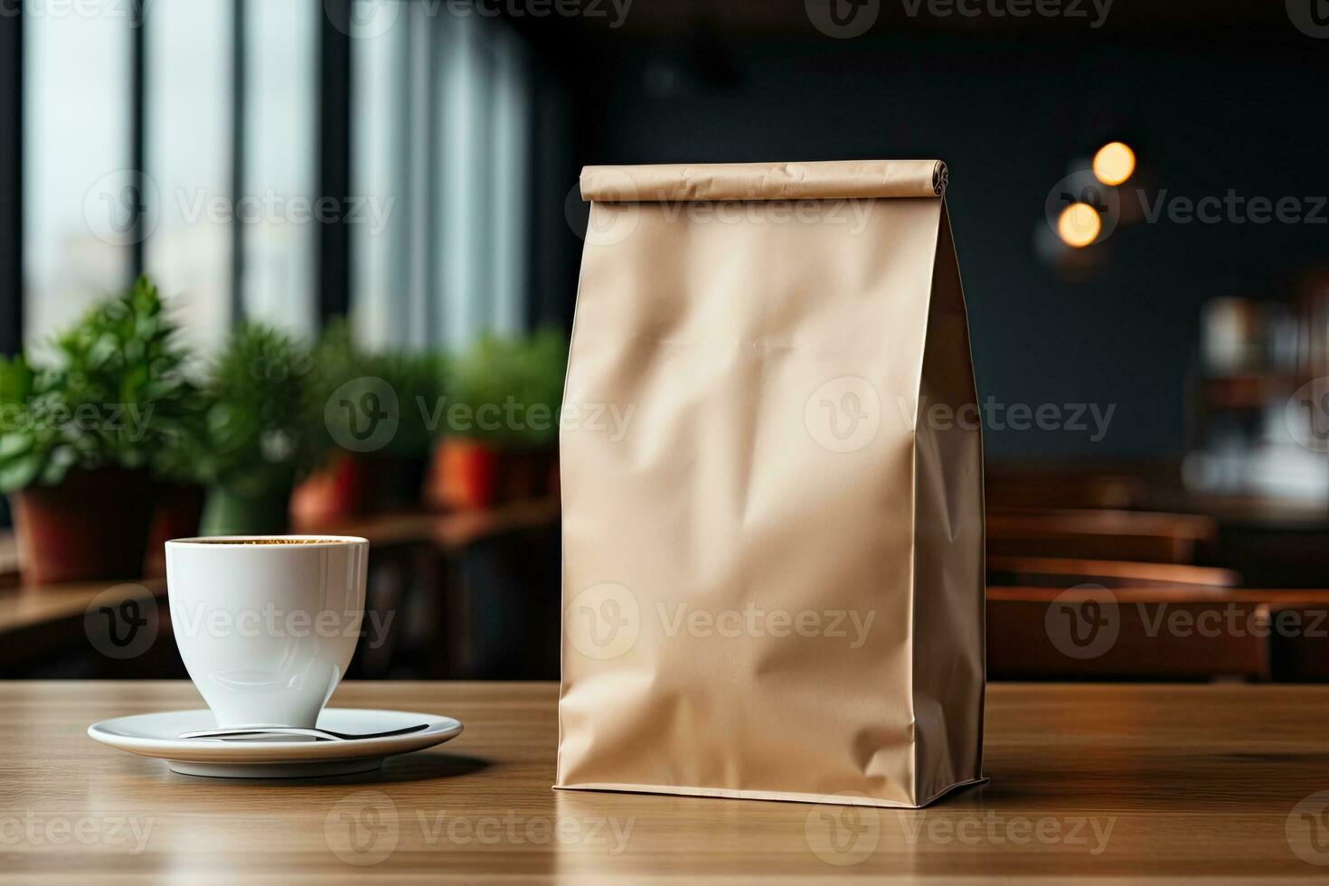 AI generated Blank Paper Coffee Bag Mockup on Wooden Table photo