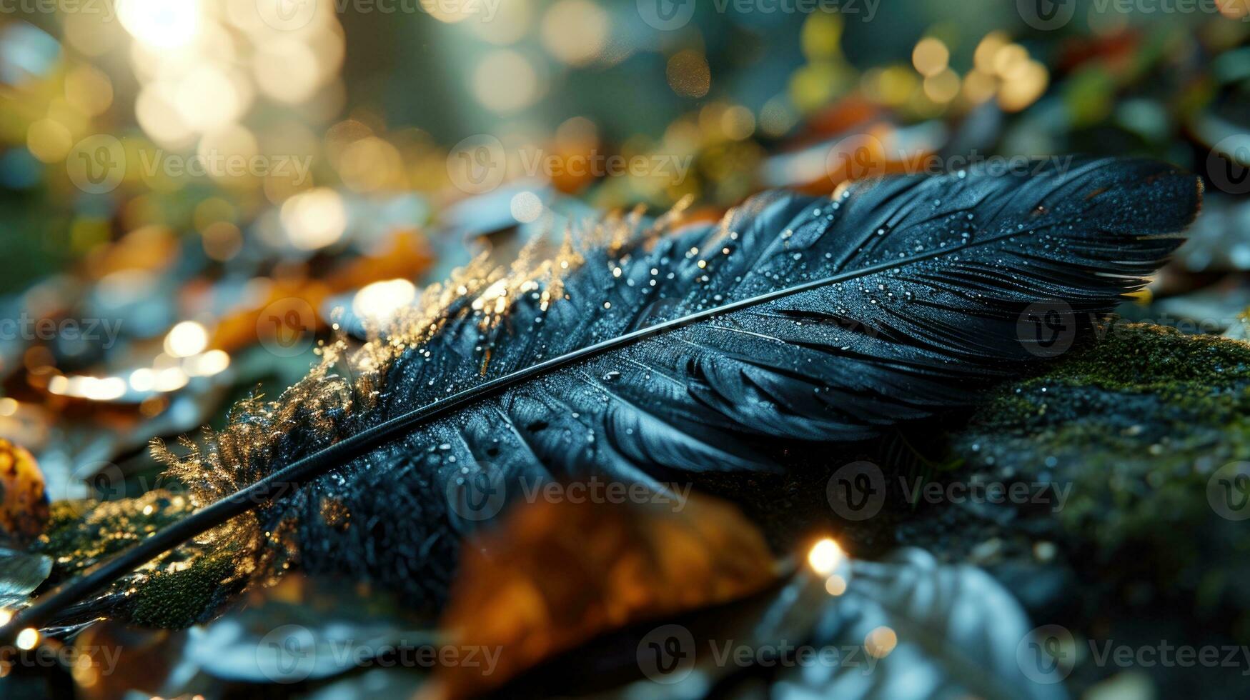 ai generado rociado pluma en bosque piso con dorado ligero bokeh foto