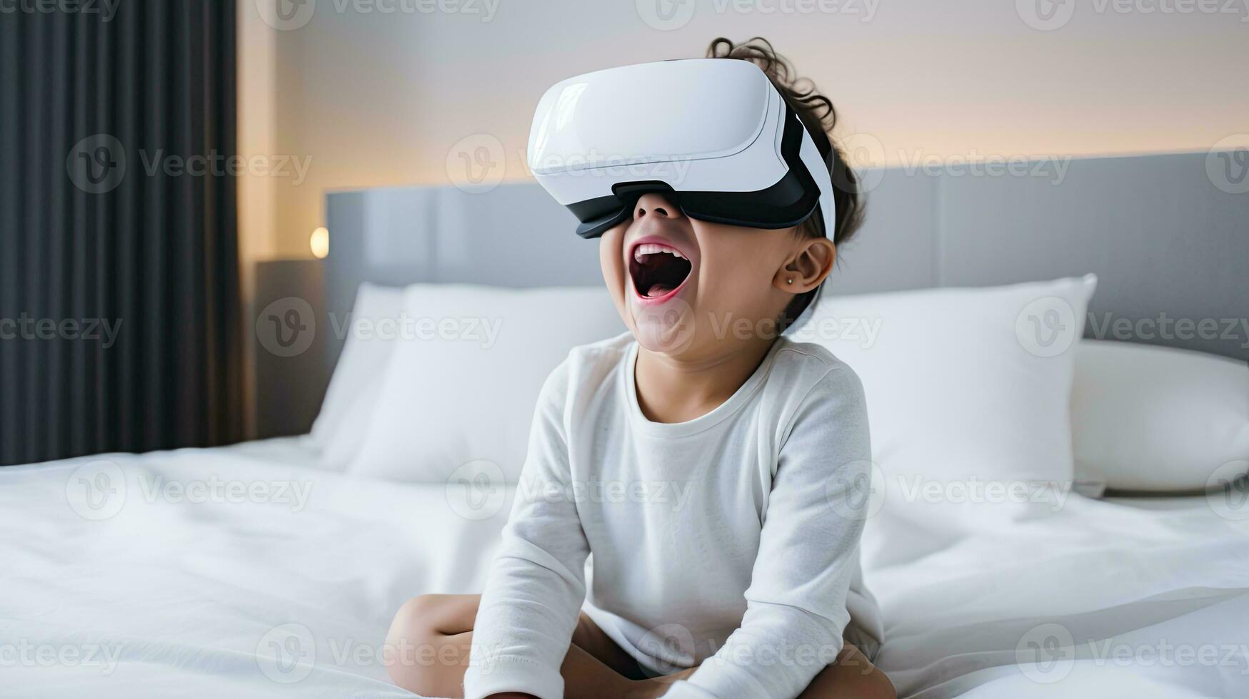 ai generado joven niño Encantado por virtual realidad experiencia. foto