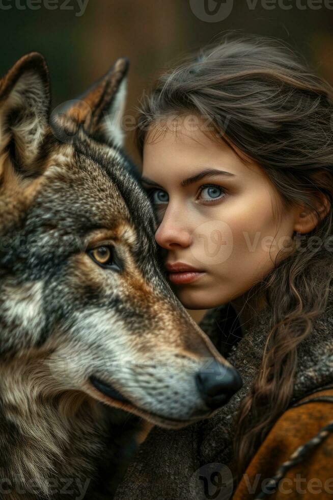AI generated Woman and Wolf in Wilderness Companionship. photo
