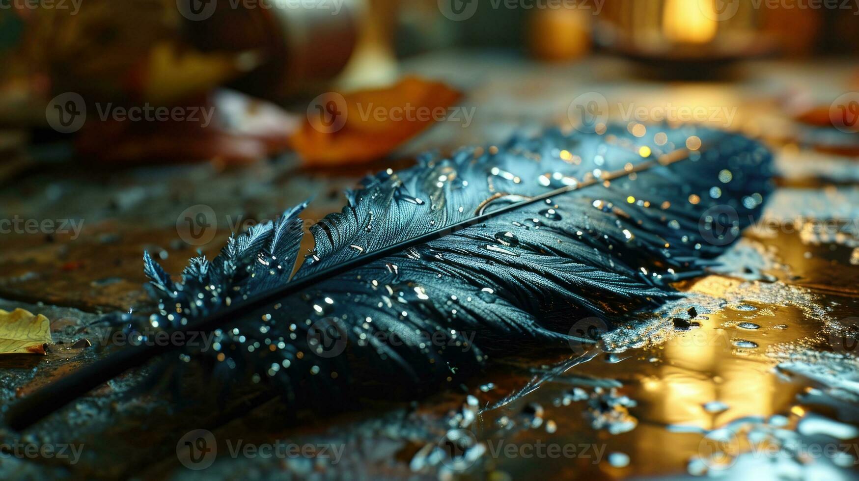 AI generated Dewy Feather on Forest Floor with Golden Light Bokeh photo