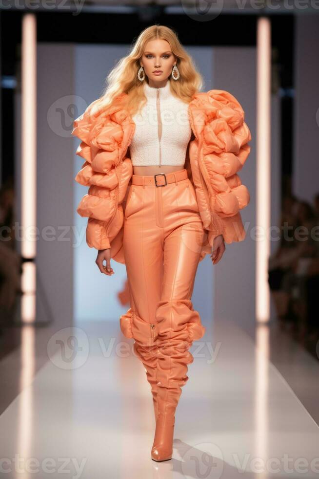 AI generated Bold Peach Ruffles Define Chic Runway Statement Look 2024. photo