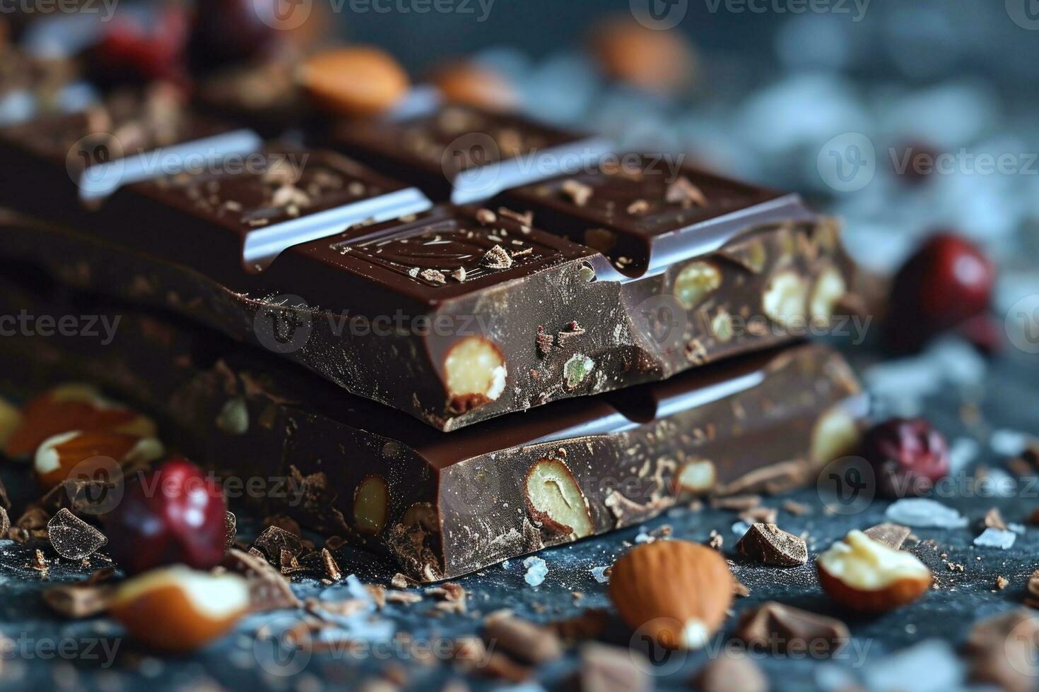 AI generated Stacked Dark Chocolate Pieces with Rich Cocoa Powder photo