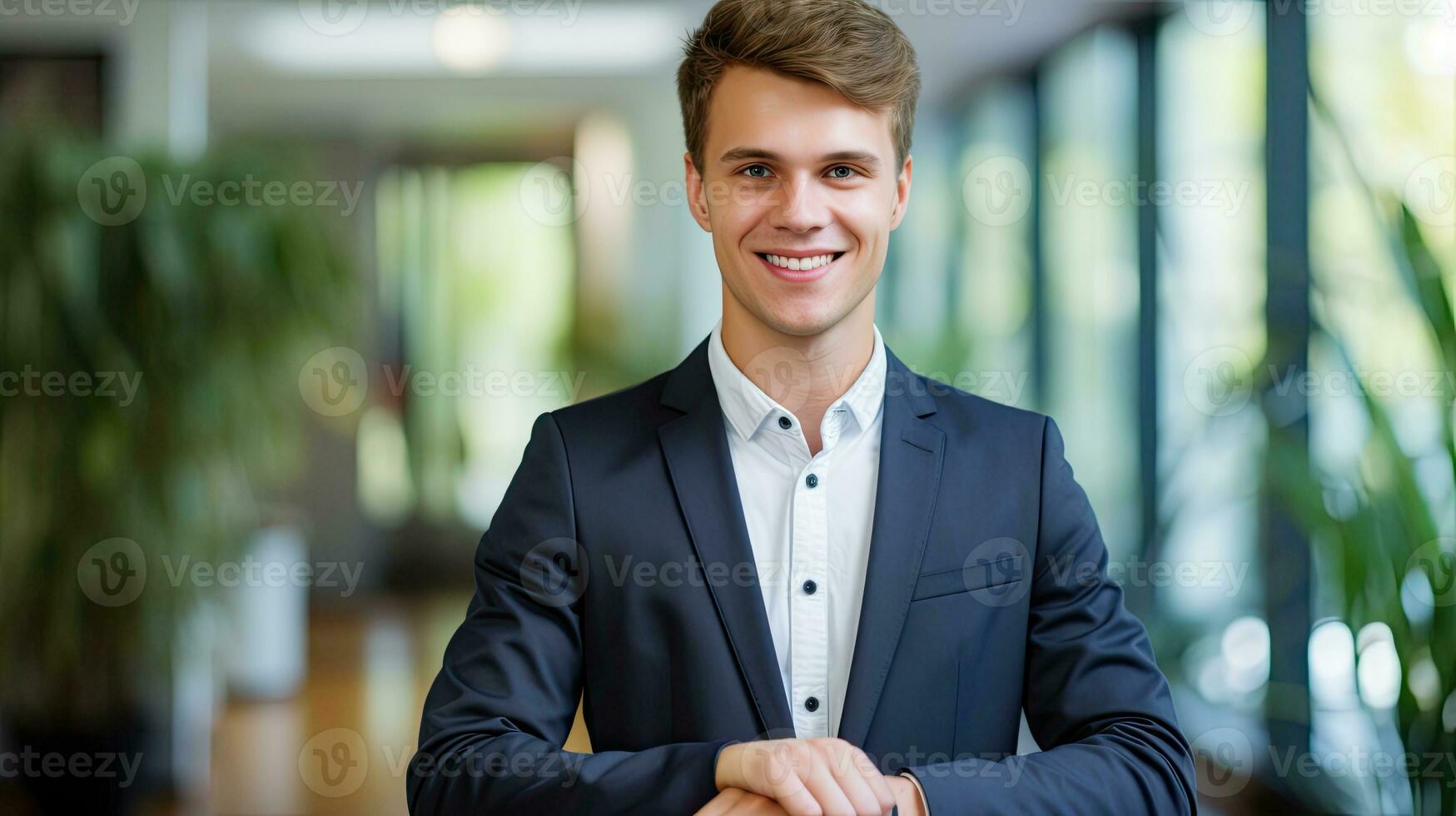 AI generated Young Businessman Smiling in Corporate Office Setting. photo
