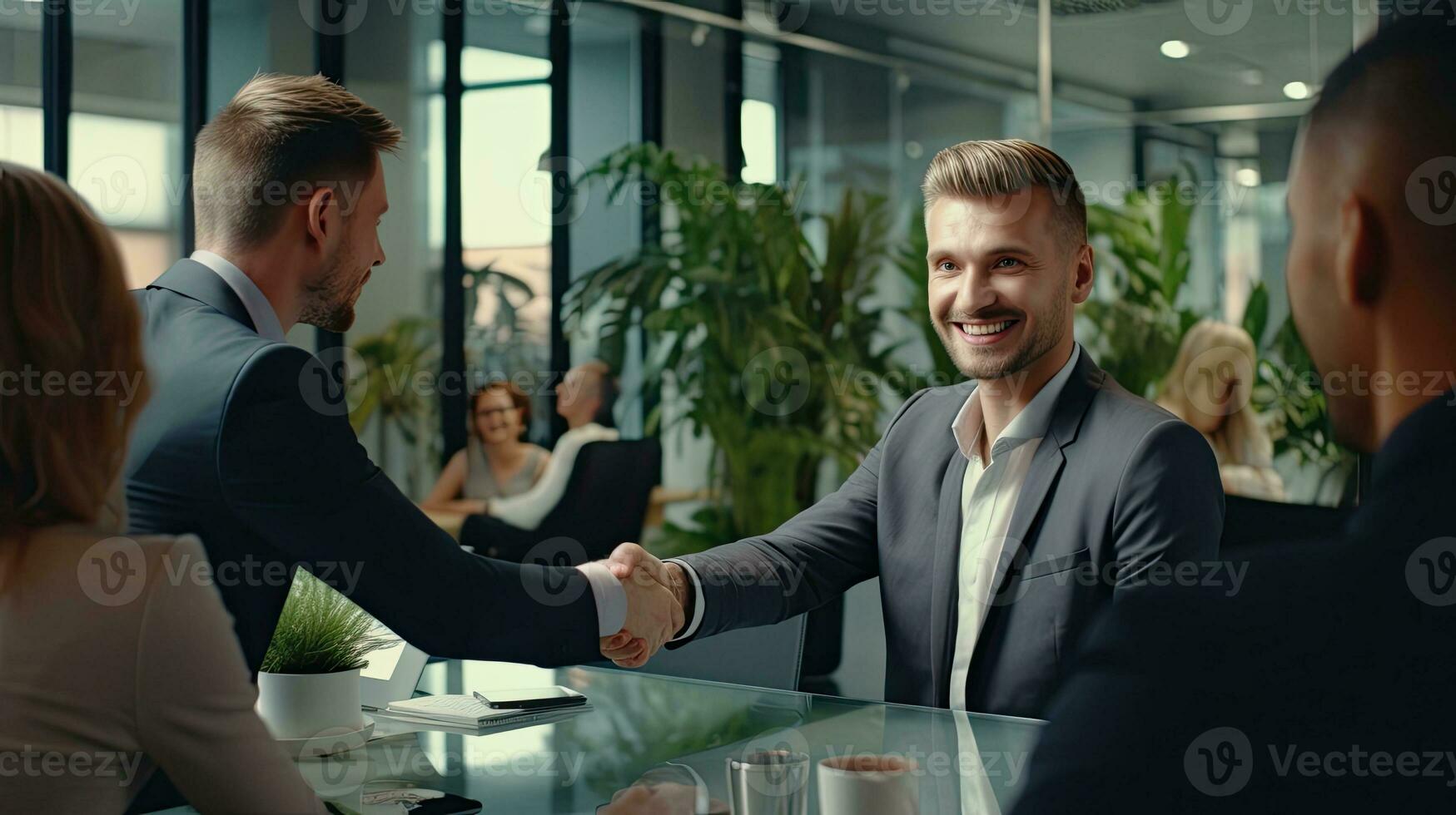 AI generated Two Professionals Shaking Hands in a Modern Office Environment. photo