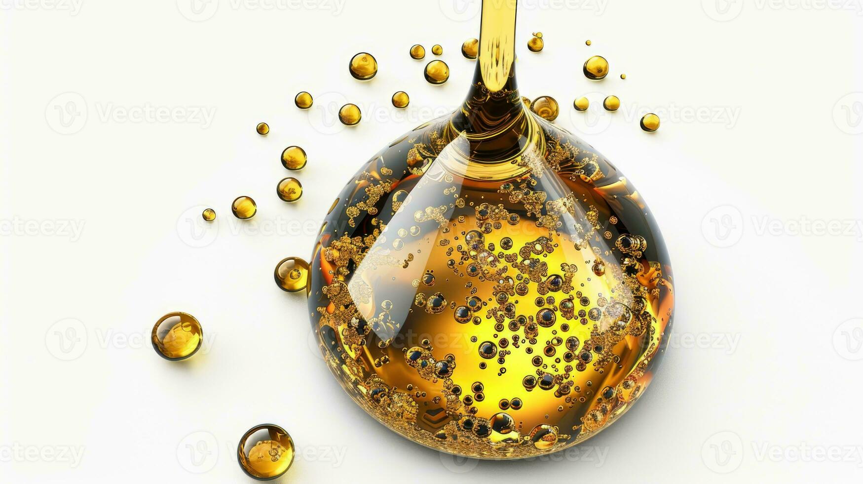 AI generated Golden Skincare Oil Drops with Air Bubbles on White Background photo