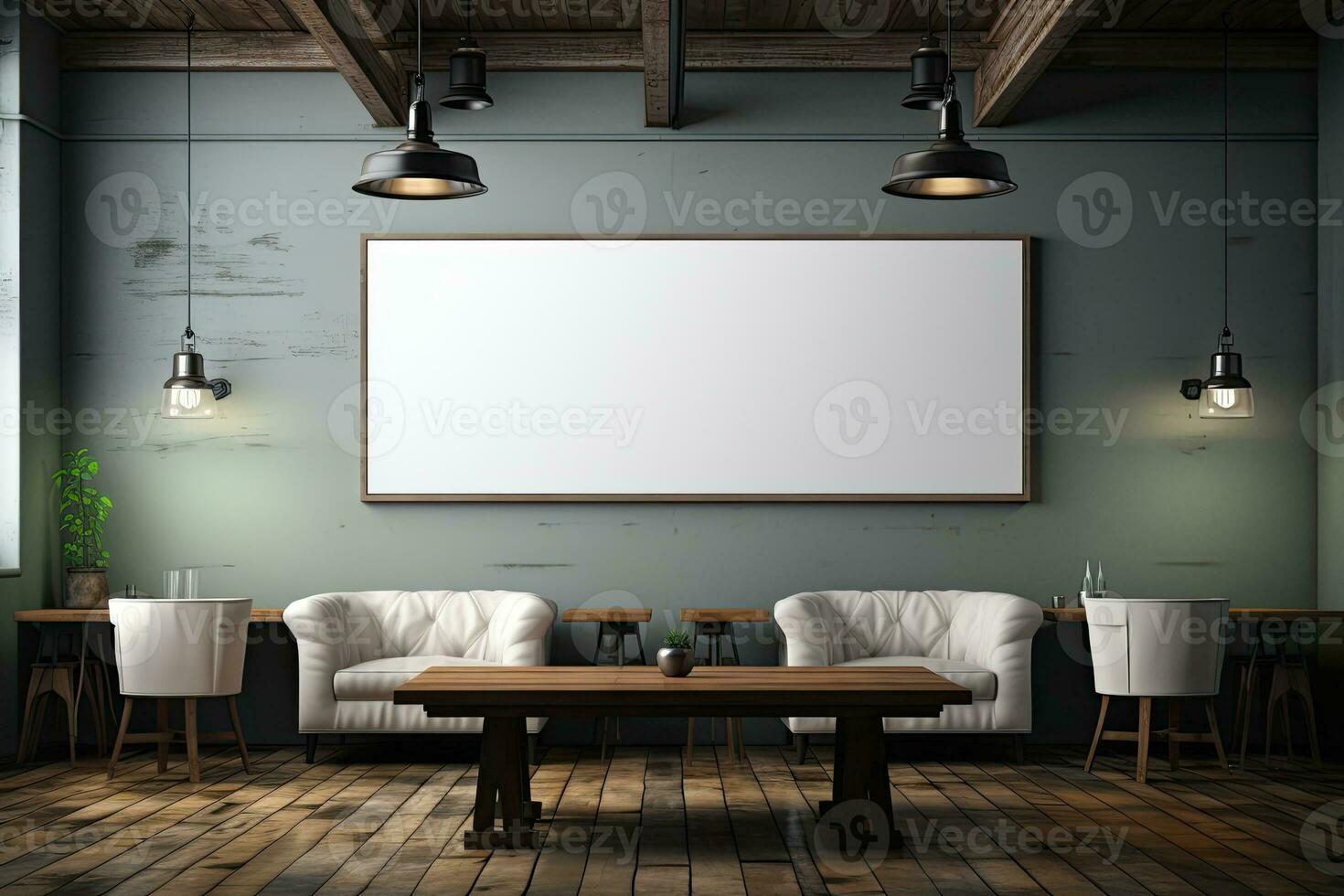 AI generated Modern Home Interior with Blank Banner Mockup photo