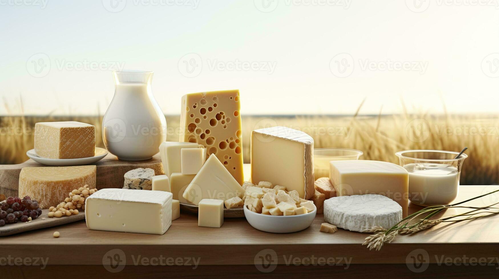 AI generated Assorted Dairy Delights on Rustic Table in Pastoral Landscape. photo