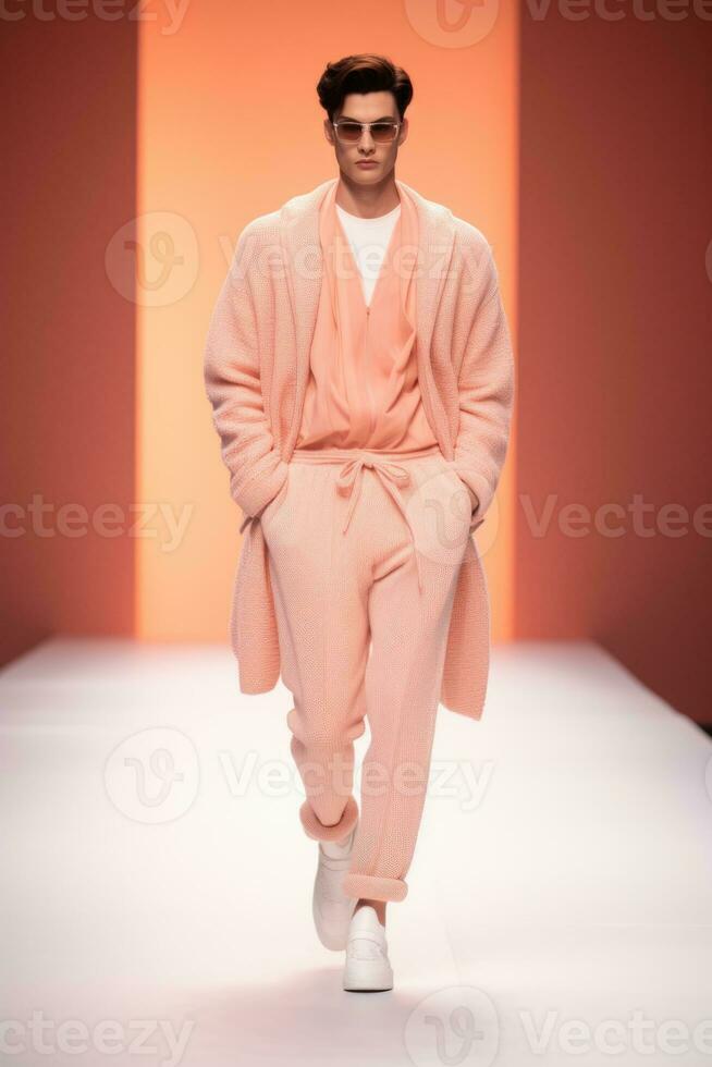 AI generated Model in Peach Knitwear Strides on Fashion Week Runway photo