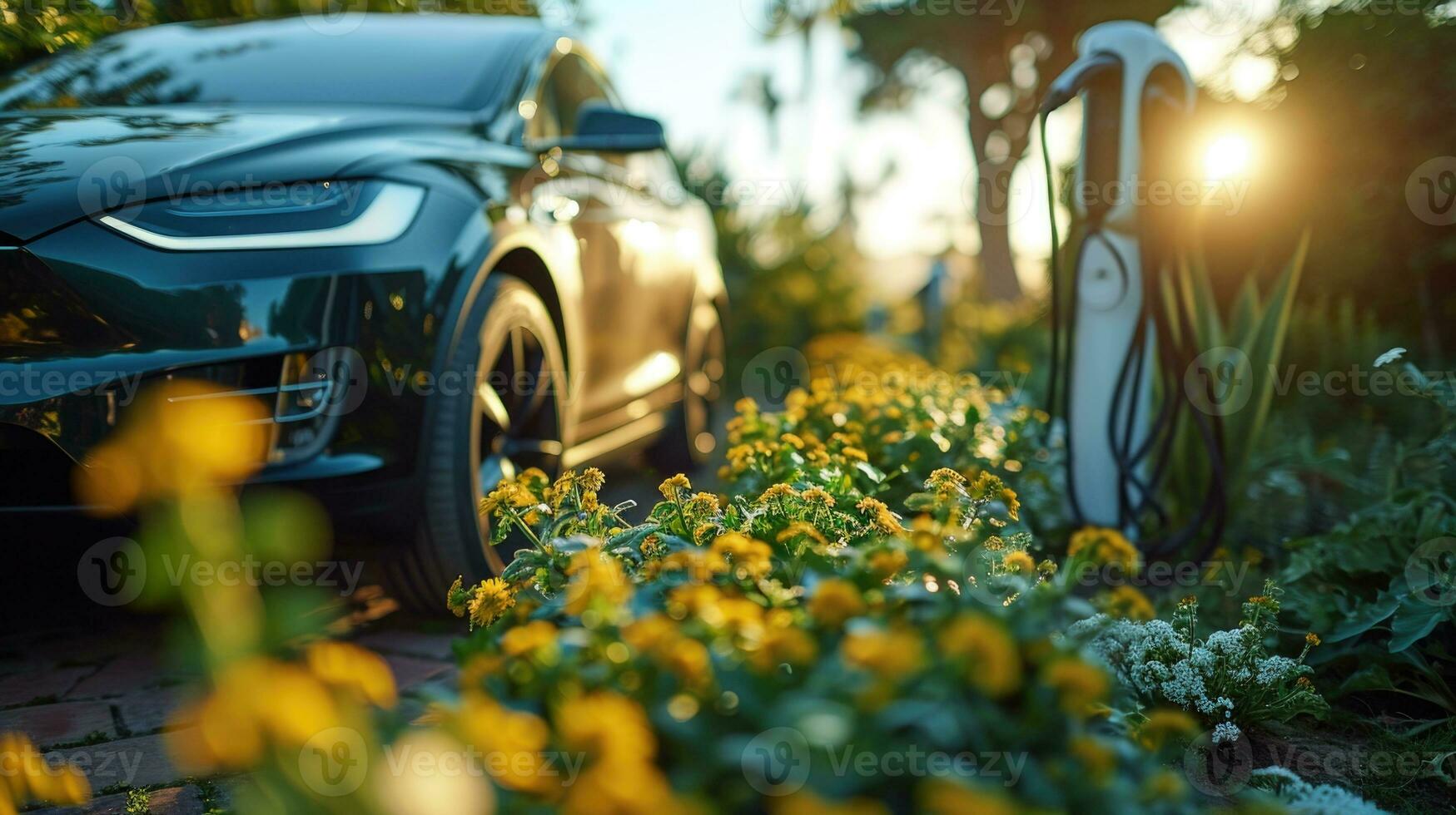 AI generated Electric Vehicle Charging at Home During Golden Hour photo