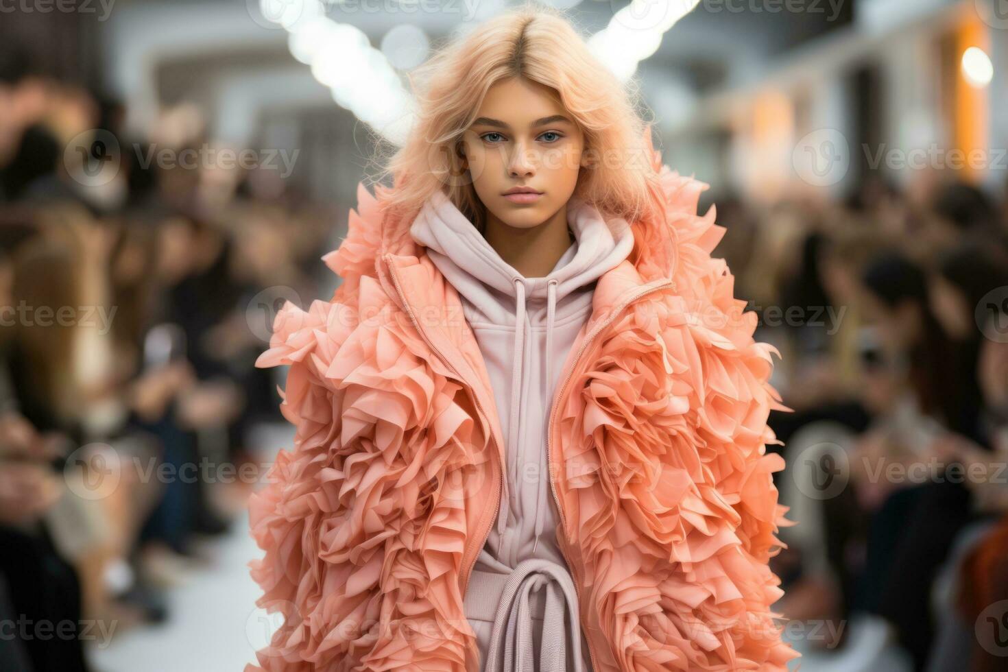 AI generated Bold Peach Ruffles Define Chic Runway Statement Look 2024. photo
