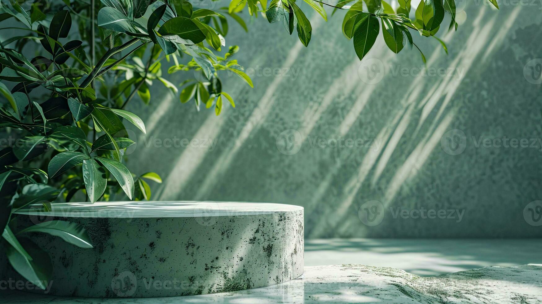 AI generated Concrete Podium for Product Presentation with Green Leafy Backdrop photo