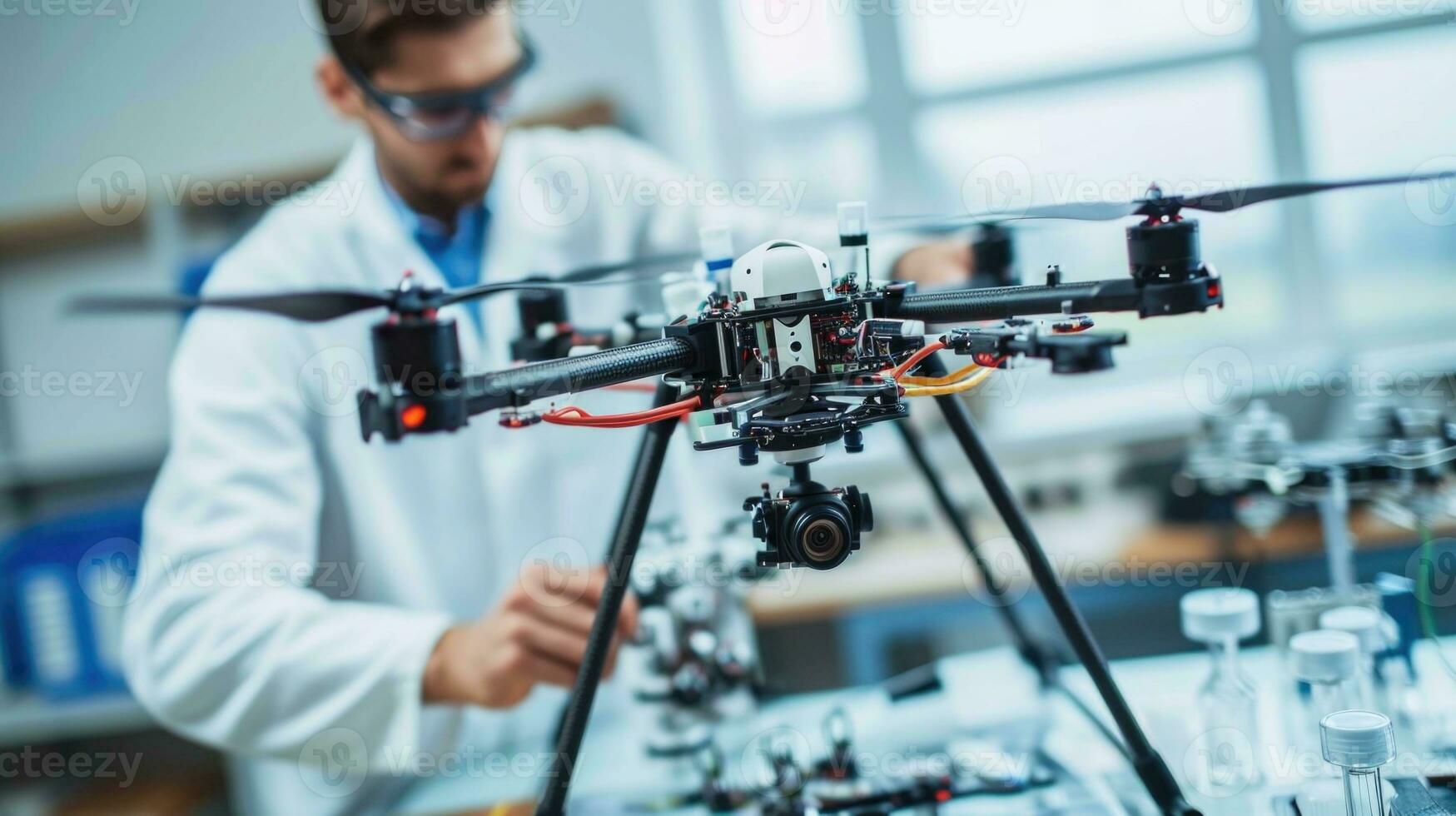 AI generated Engineer Focused on Assembling Advanced Aerial Drone Technology photo