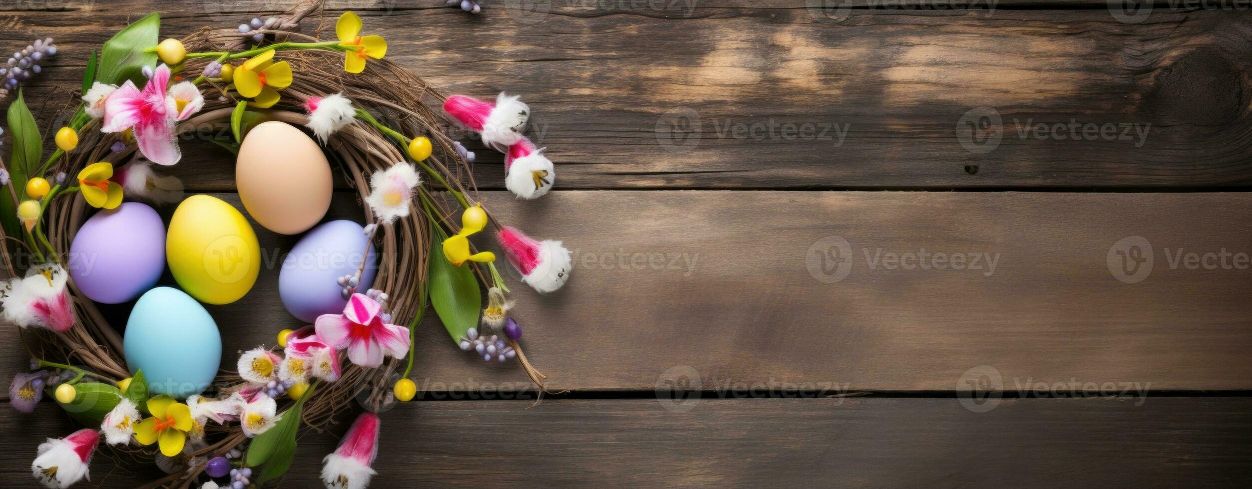 ai generado vistoso Pascua de Resurrección huevos y primavera flores en de madera antecedentes foto