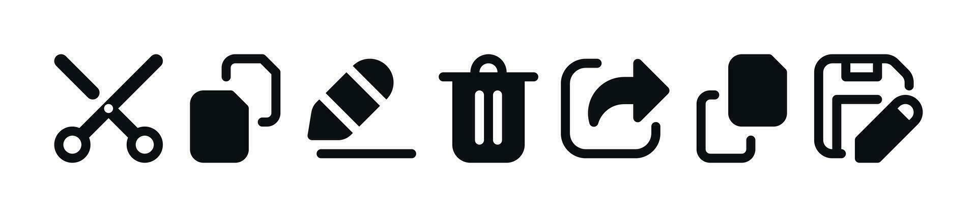 File Manager Actions Icon Set - Trash Can, Save As, Copy, Paste, Rename, Cut Symbols vector