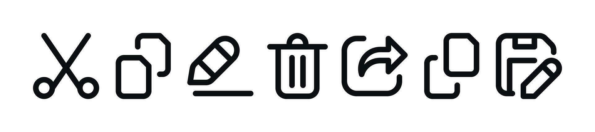 File Manager Actions Icon Set - Trash Can, Save As, Copy, Paste, Rename, Cut Symbols vector