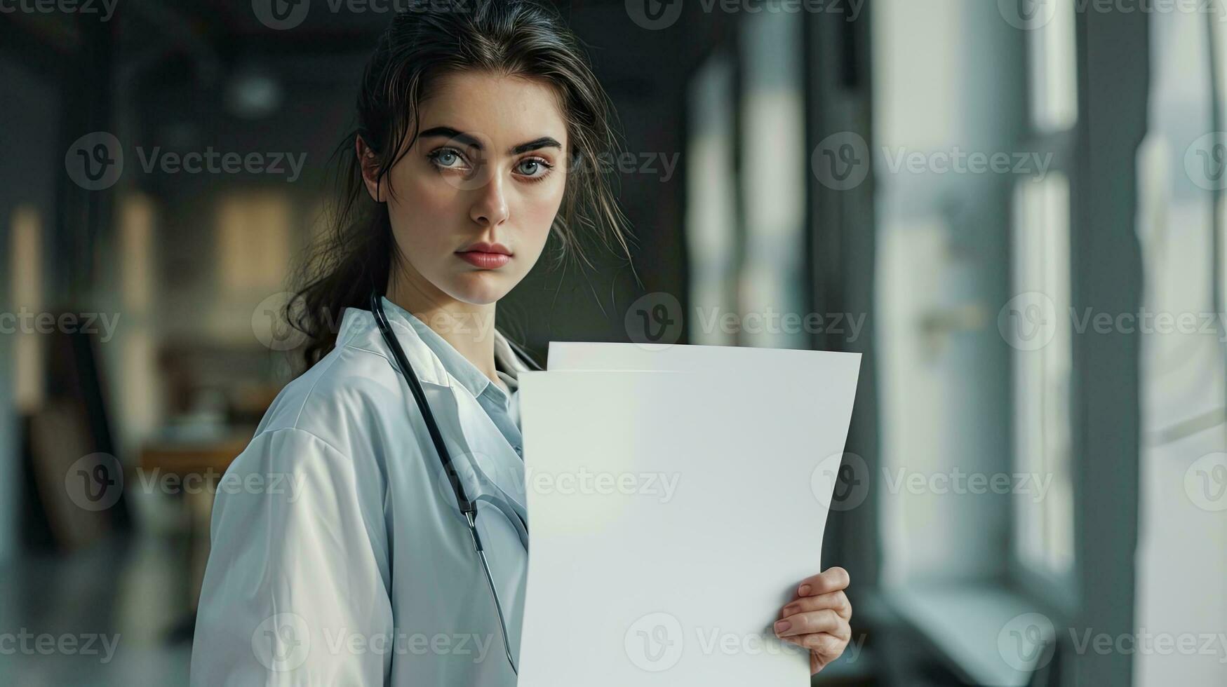 AI generated Young Female Doctor Holding Blank Banner in Clinical Setting photo