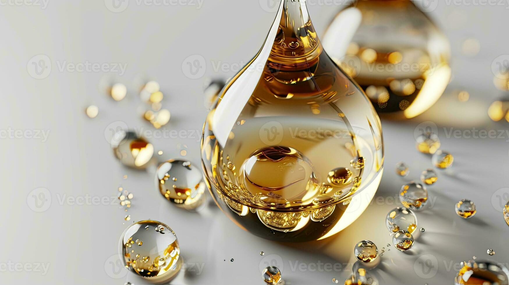 AI generated Golden Skincare Oil Drops with Air Bubbles on White Background photo