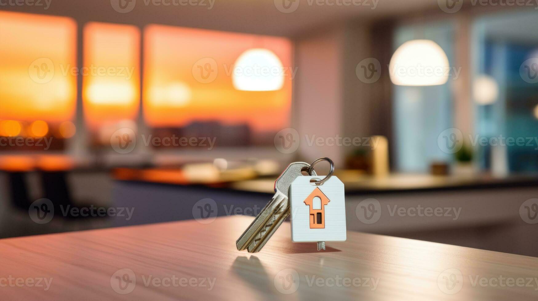 AI generated Home Keys on Wooden Table Inside Modern House. photo