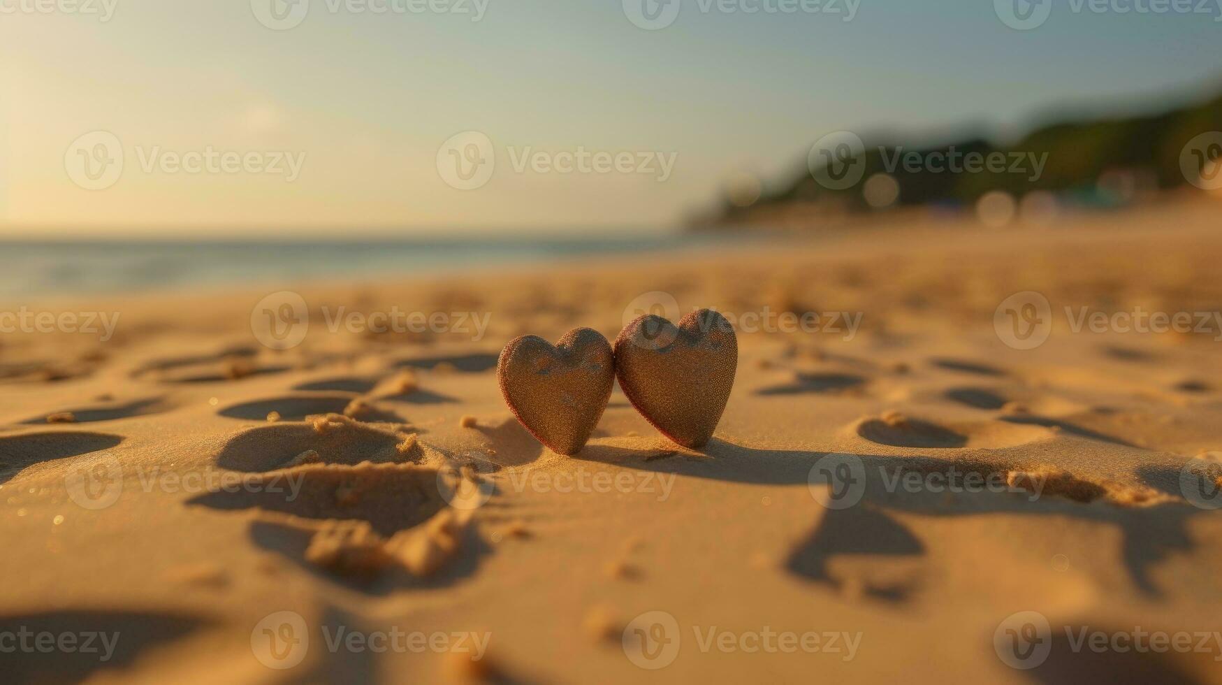 ai generado dos corazones en playa arena a puesta de sol San Valentín concepto foto