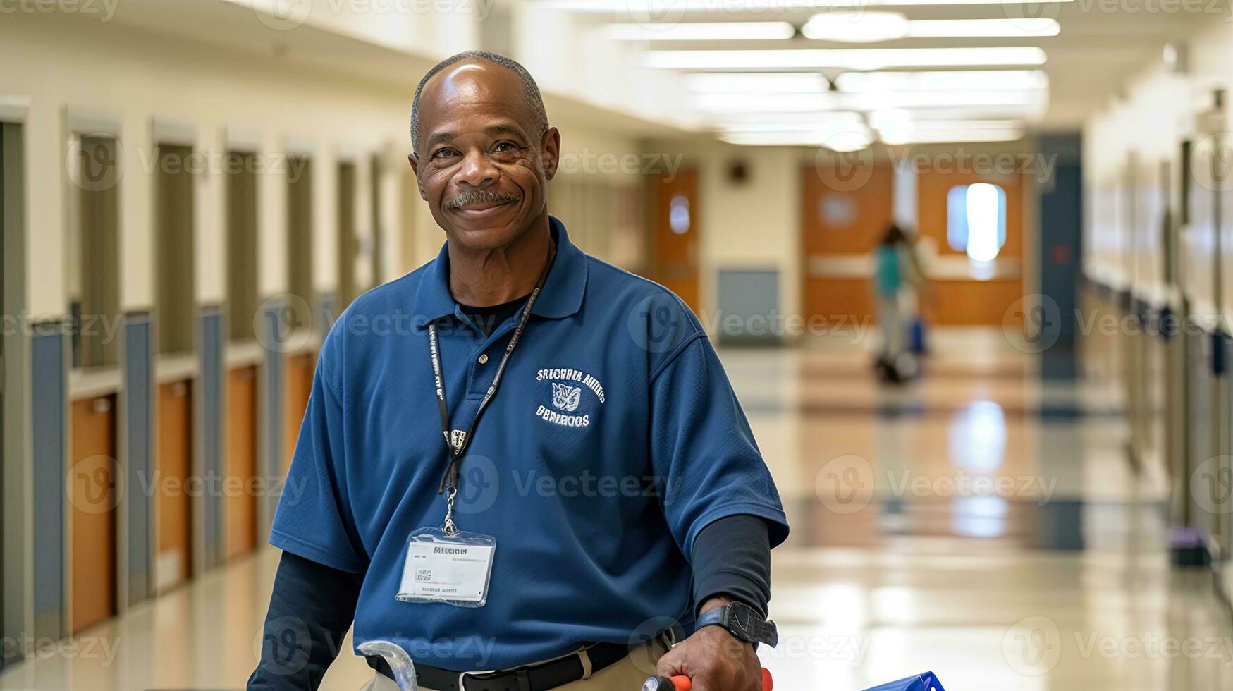 AI generated Friendly School Janitor with Cleaning Equipment photo