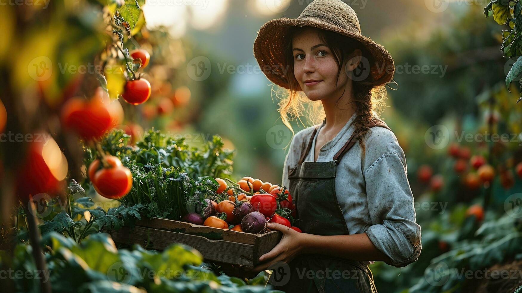 AI generated Young Female Farmer Holding Fresh Vegetable Harvest photo