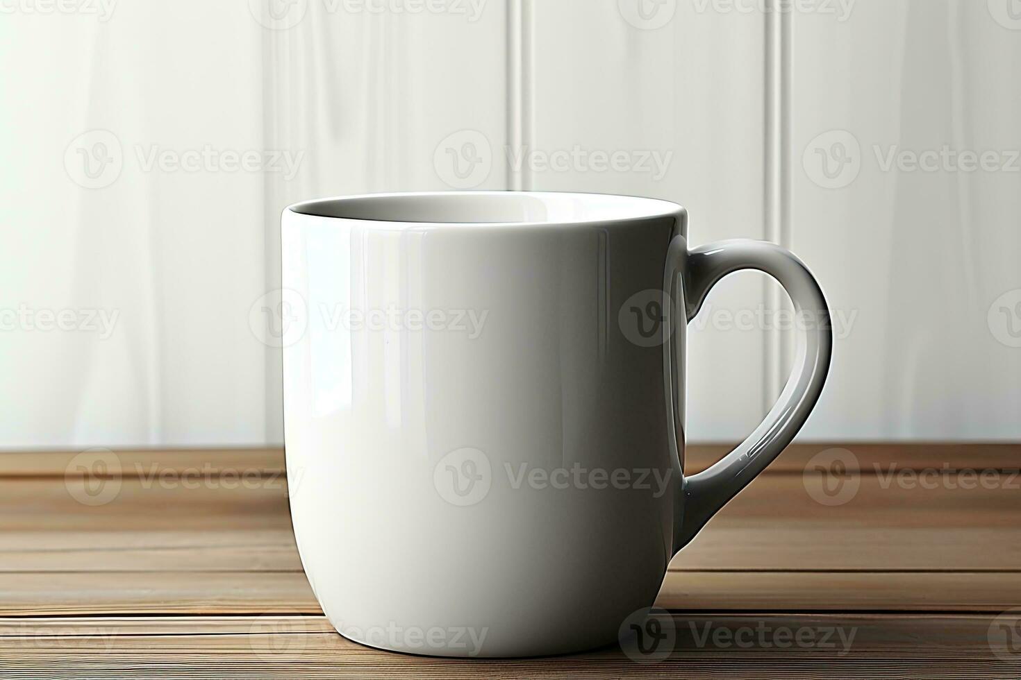 AI generated White Ceramic Coffee Mug Mockup on Wooden Table photo