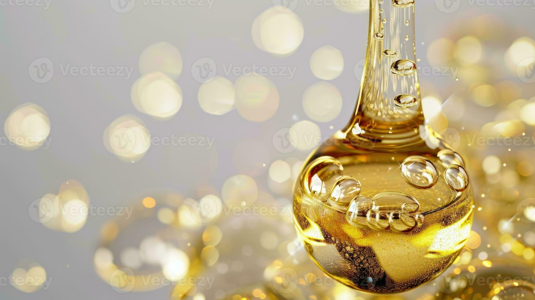 AI generated Golden Skincare Oil Drops with Air Bubbles on White Background photo