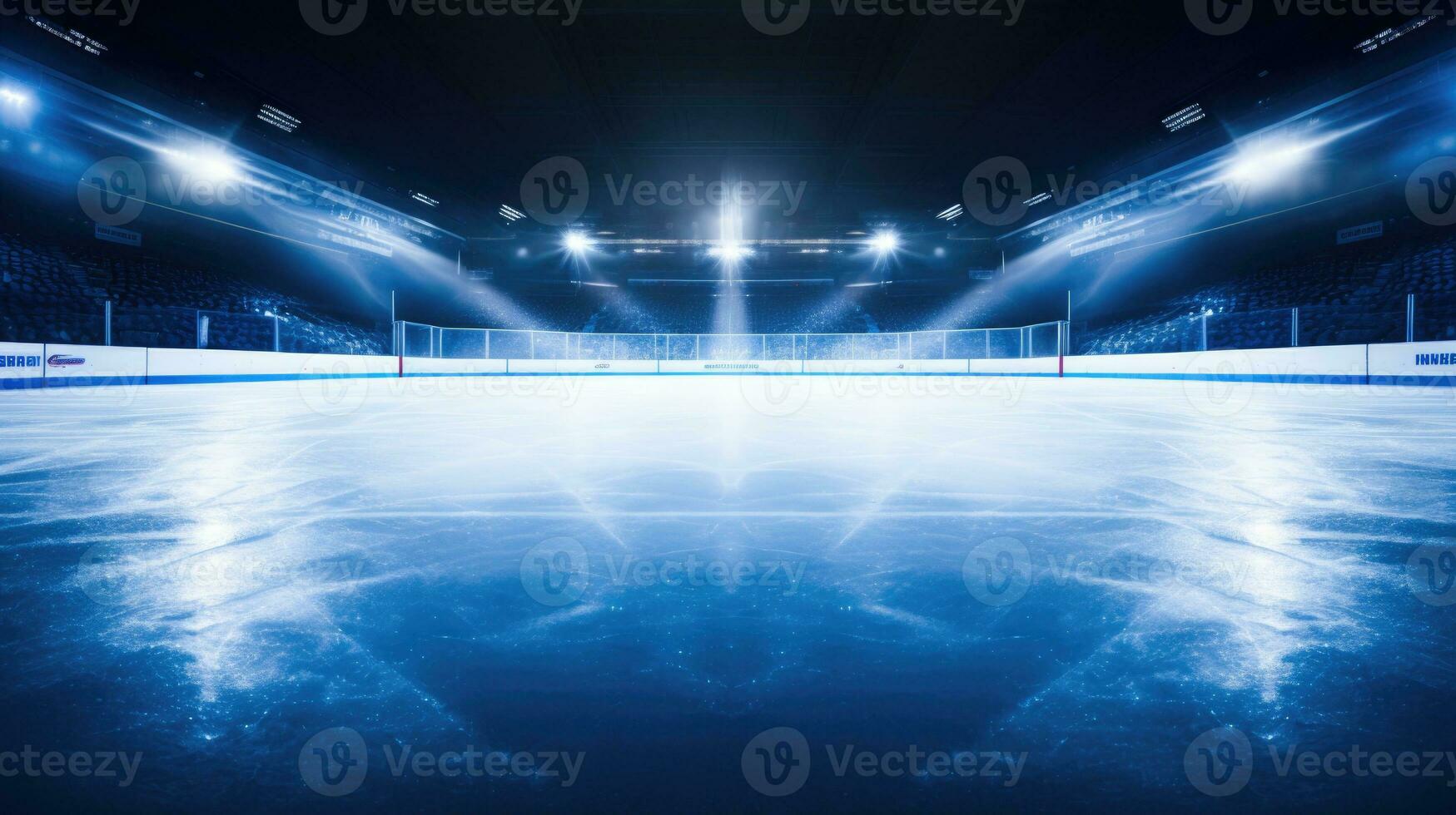 AI generated Empty Ice Hockey Rink with Glare and Arena Seating photo