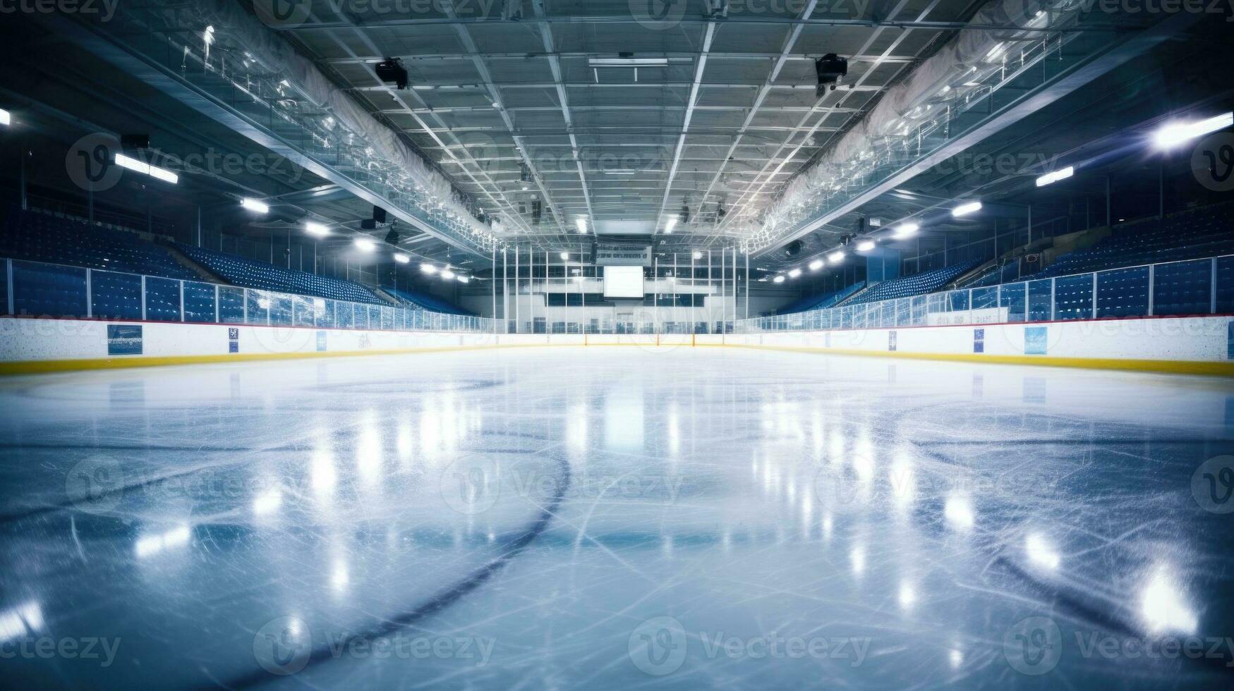 AI generated Empty Ice Hockey Rink with Glare and Arena Seating photo