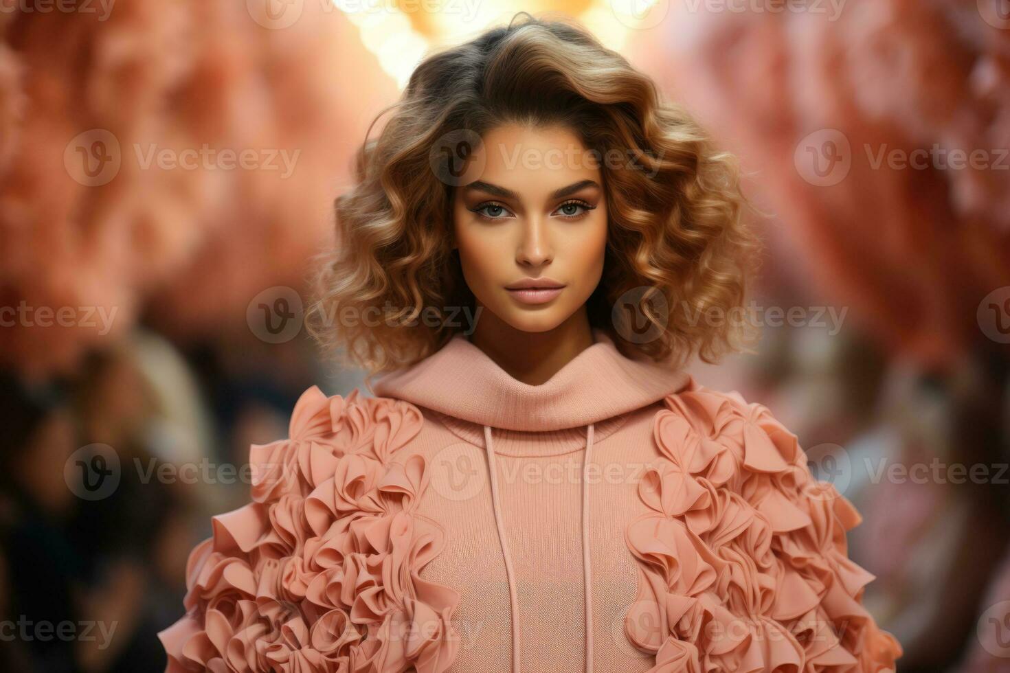 AI generated Bold Peach Ruffles Define Chic Runway Statement Look 2024. photo