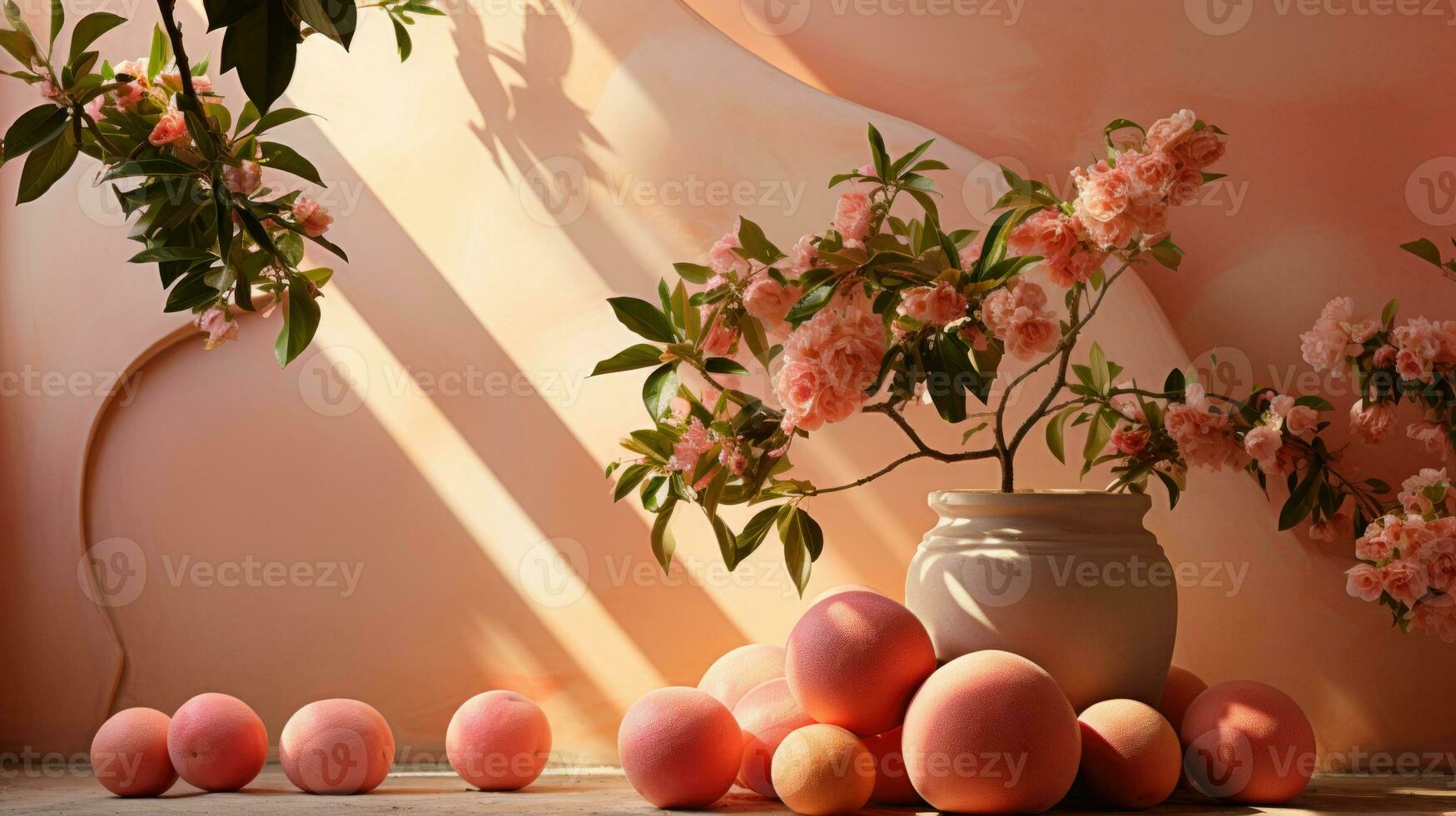 AI generated Peach Fuzz Color Theme with Blossoms and Fruit 2024 photo