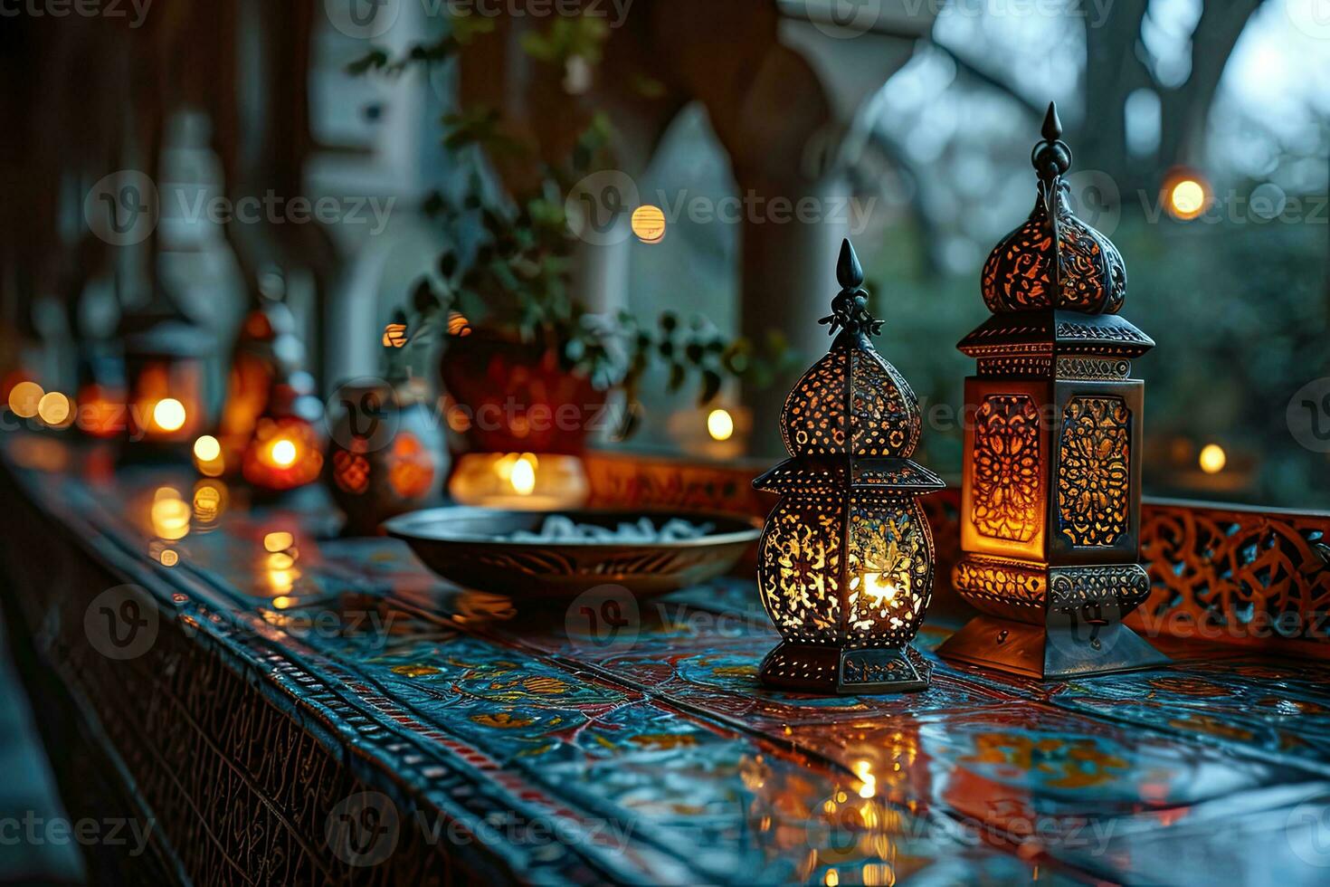 ai generado intrincado linterna en medio de floral floraciones celebra eid Mubarak foto