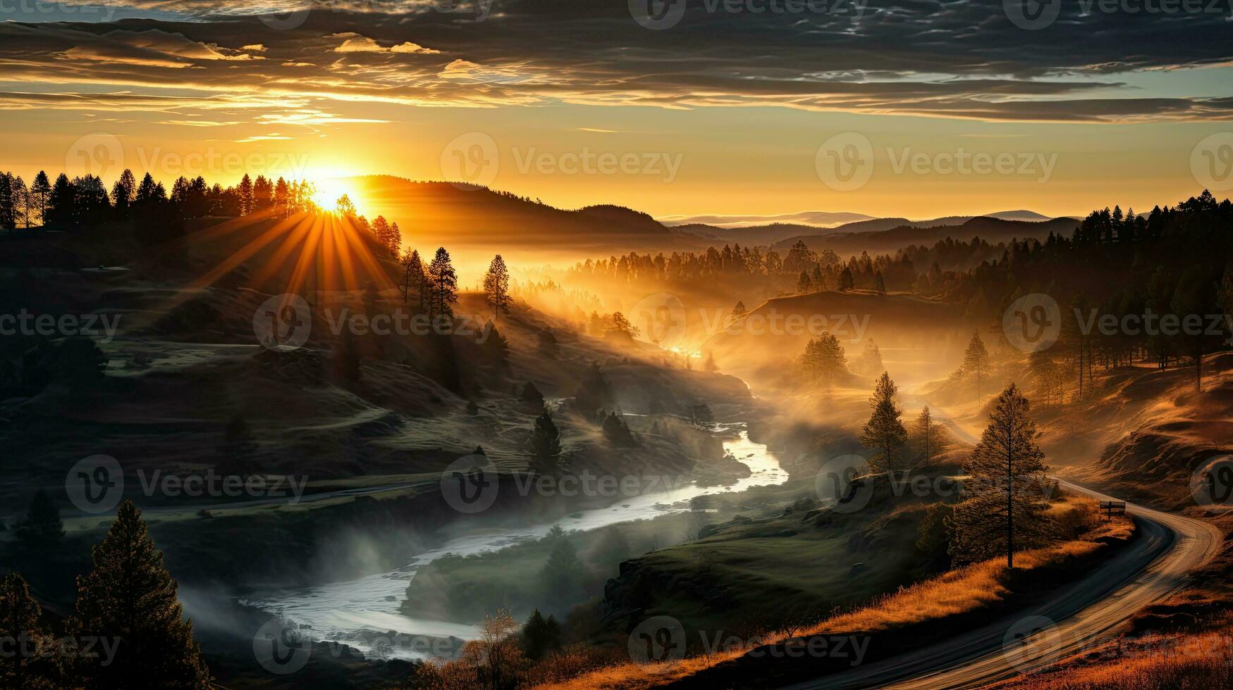 AI generated Sunrise Over Misty Mountains with Golden Sunrays and Trees photo