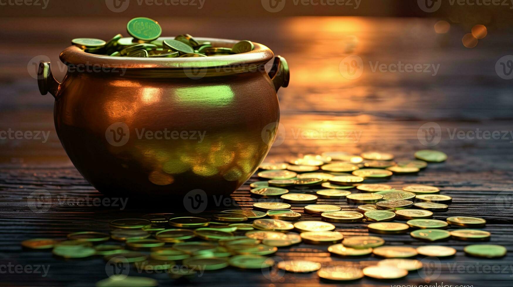 AI generated Pot of Gold with Clover Leaves for St. Patrick's Day photo