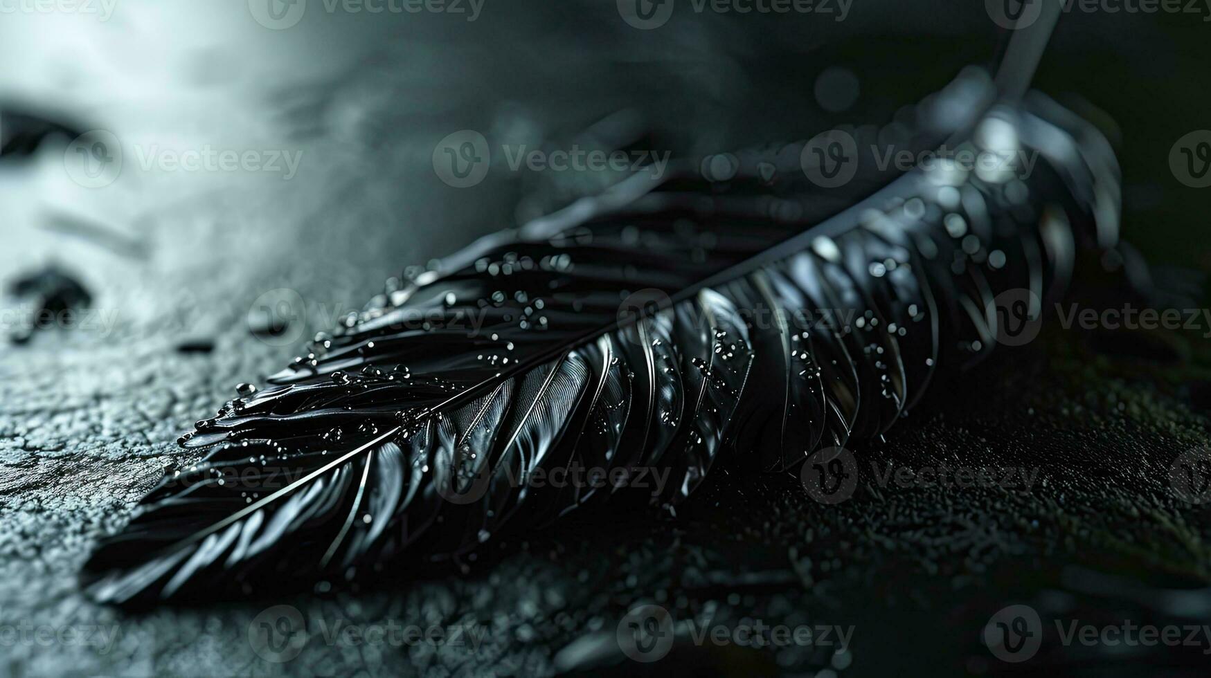 ai generado negro pluma con agua gotas en macro detalle foto