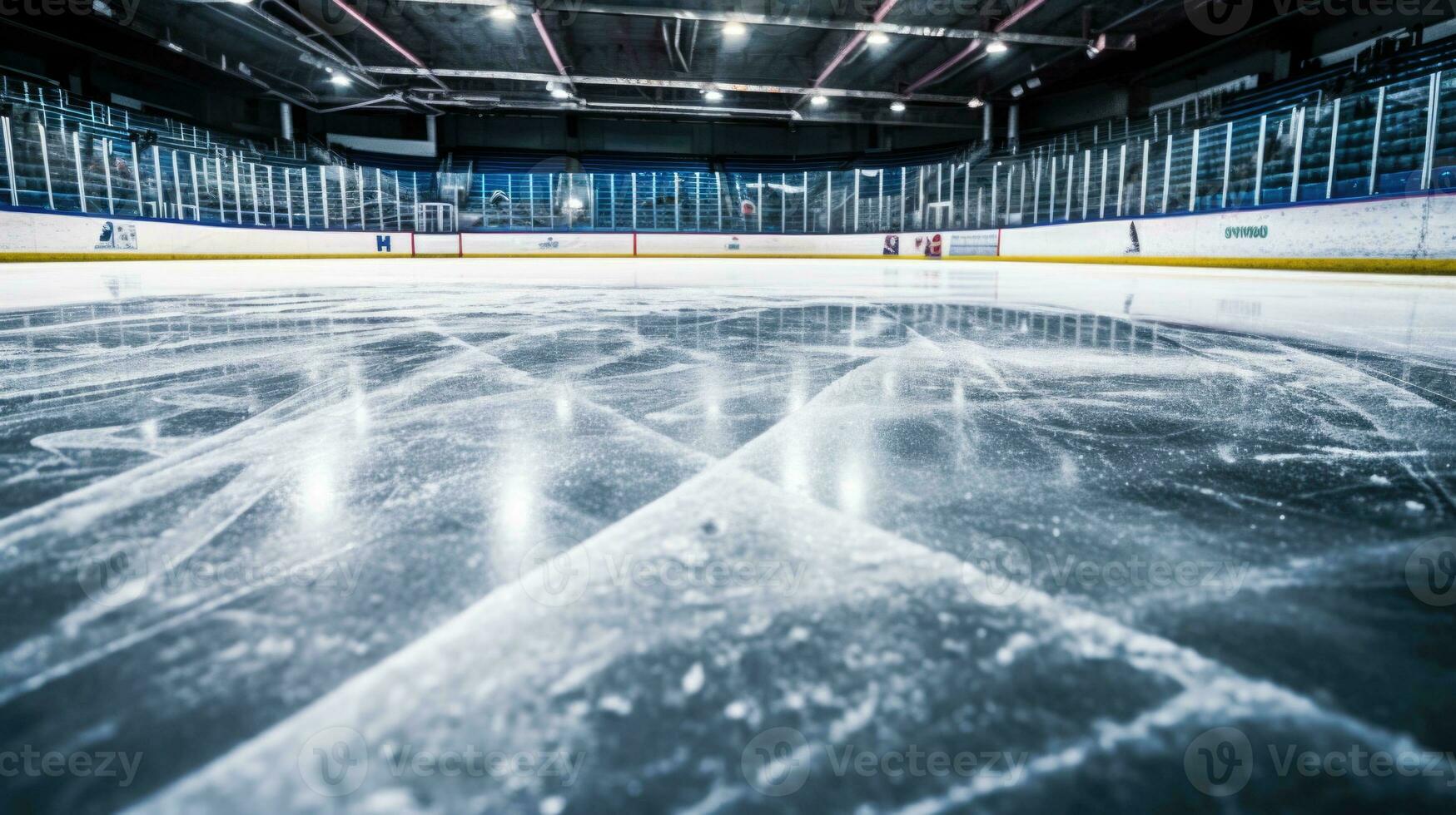 AI generated Empty Ice Hockey Rink with Glare and Arena Seating photo