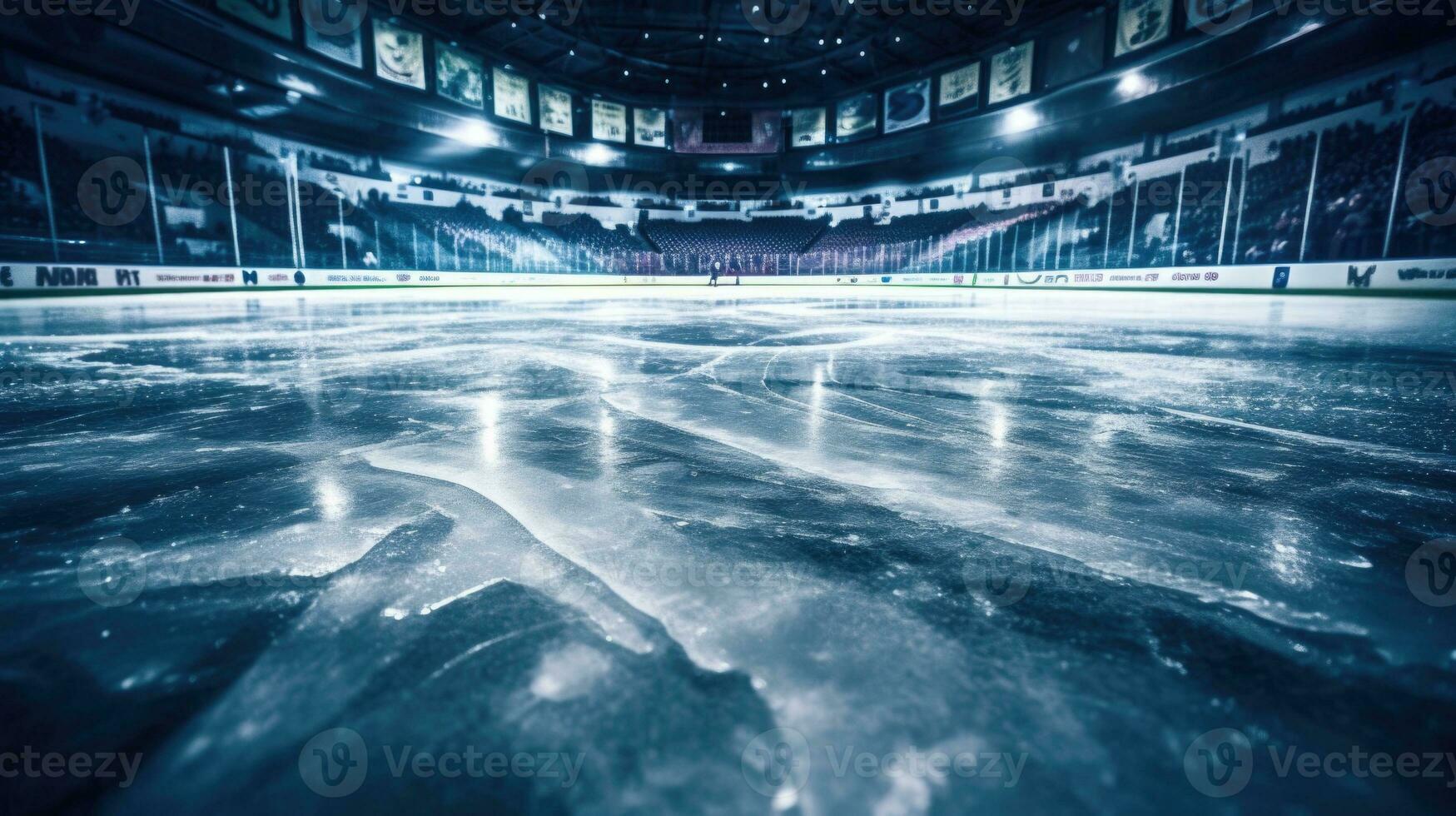 AI generated Empty Ice Hockey Rink with Glare and Arena Seating photo