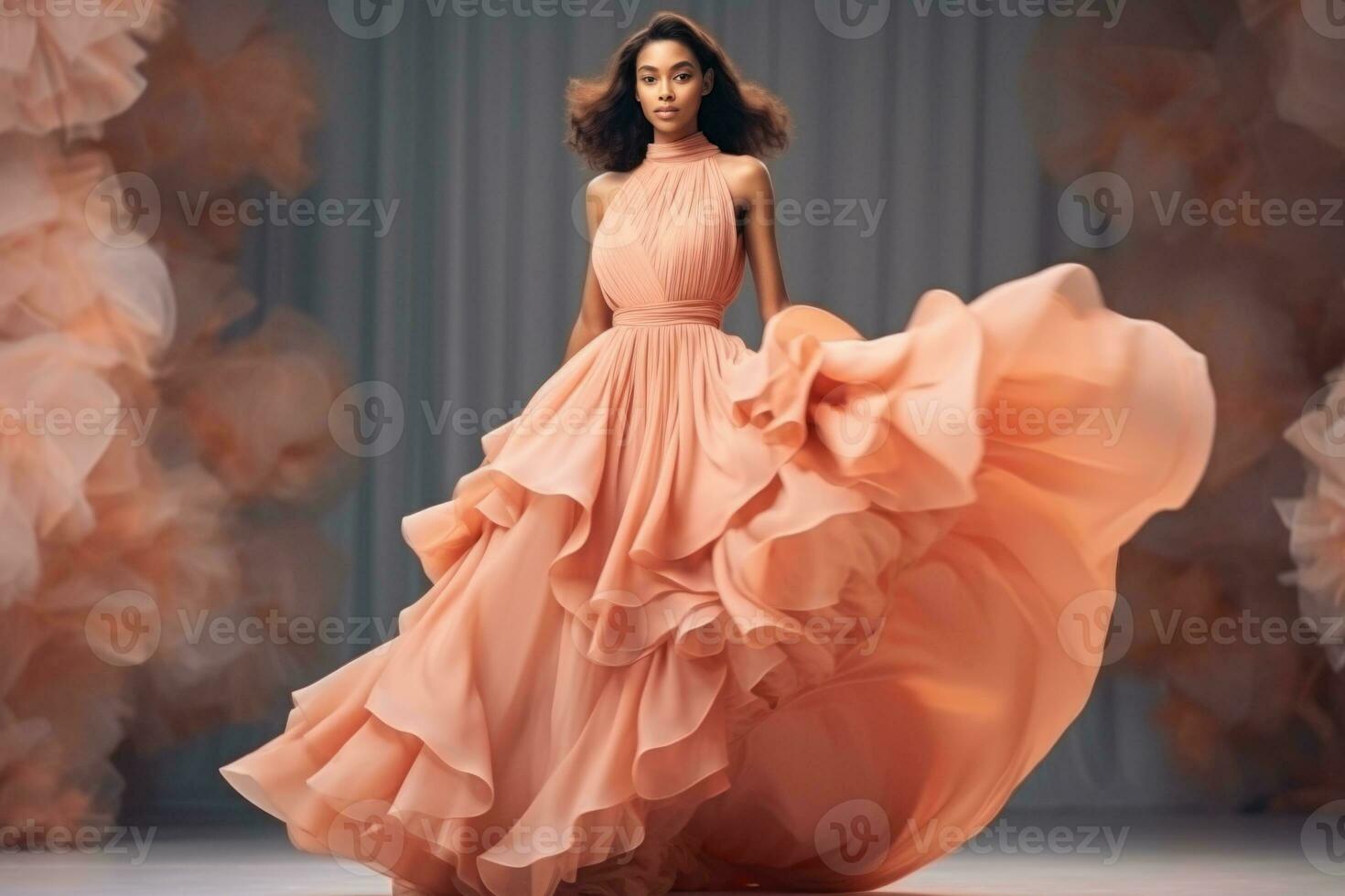 AI generated Bold Peach Ruffles Define Chic Runway Statement Look 2024. photo