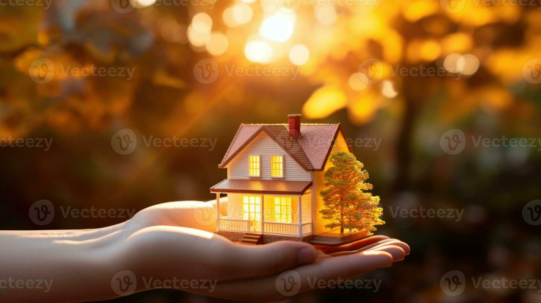 AI generated Hand Holding Illuminated Miniature House at Sunset. photo