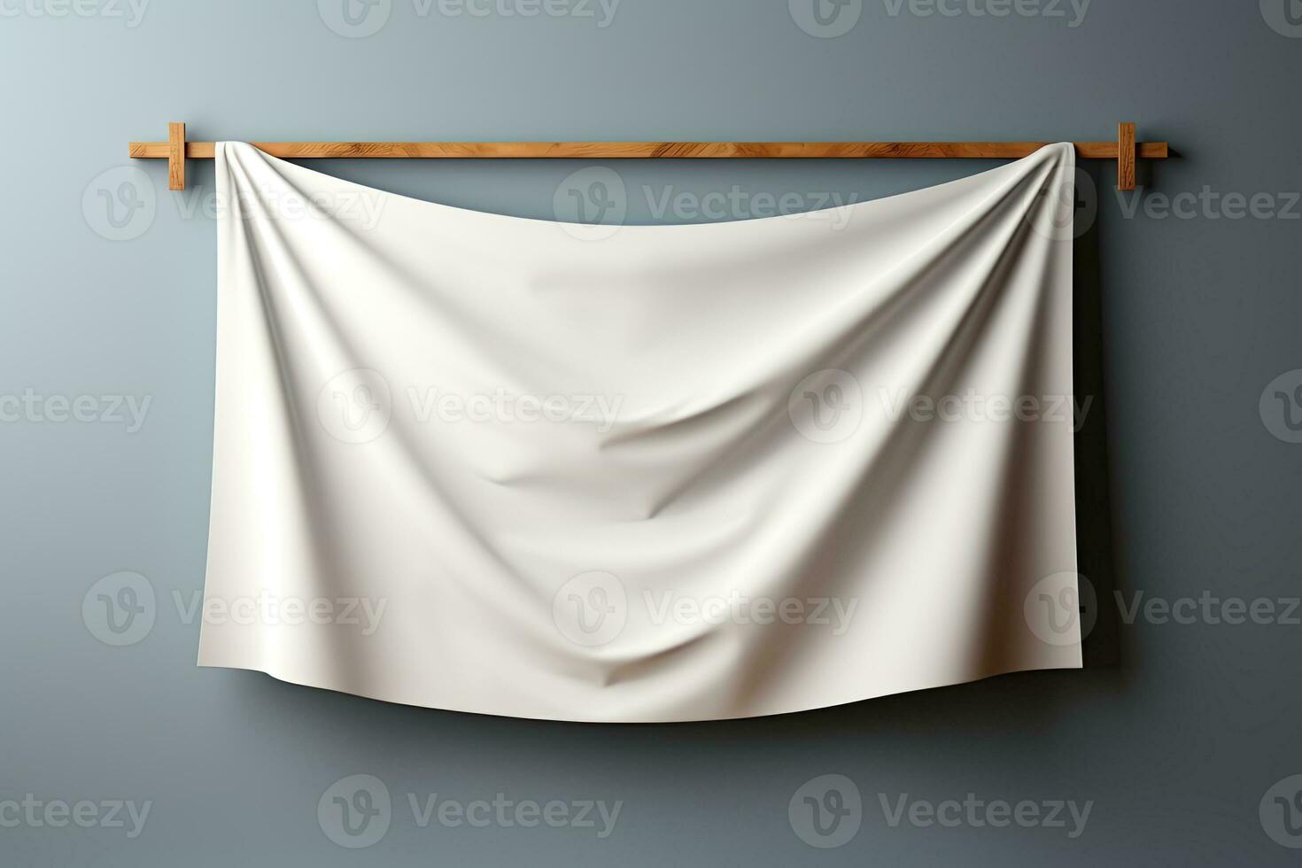 AI generated Elegant Draped White Fabric Banner Mockup on Wall photo