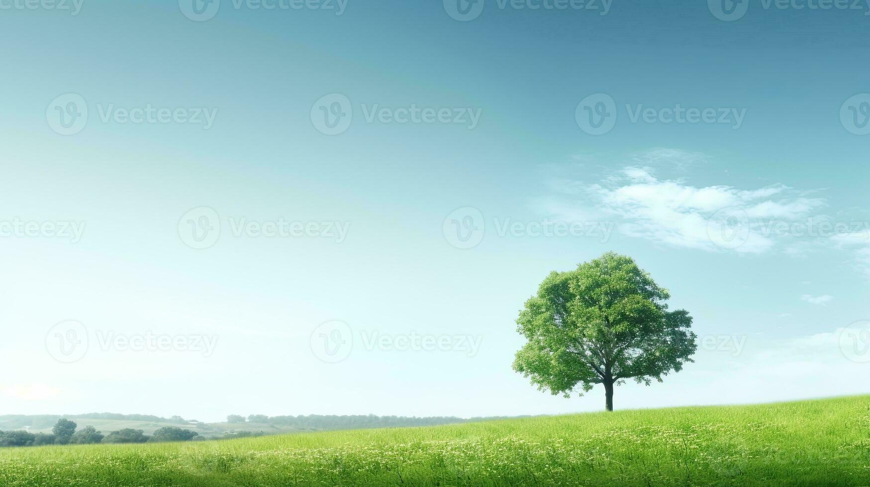 AI generated Single Tree on a Lush Green Hill under Blue Sky. photo