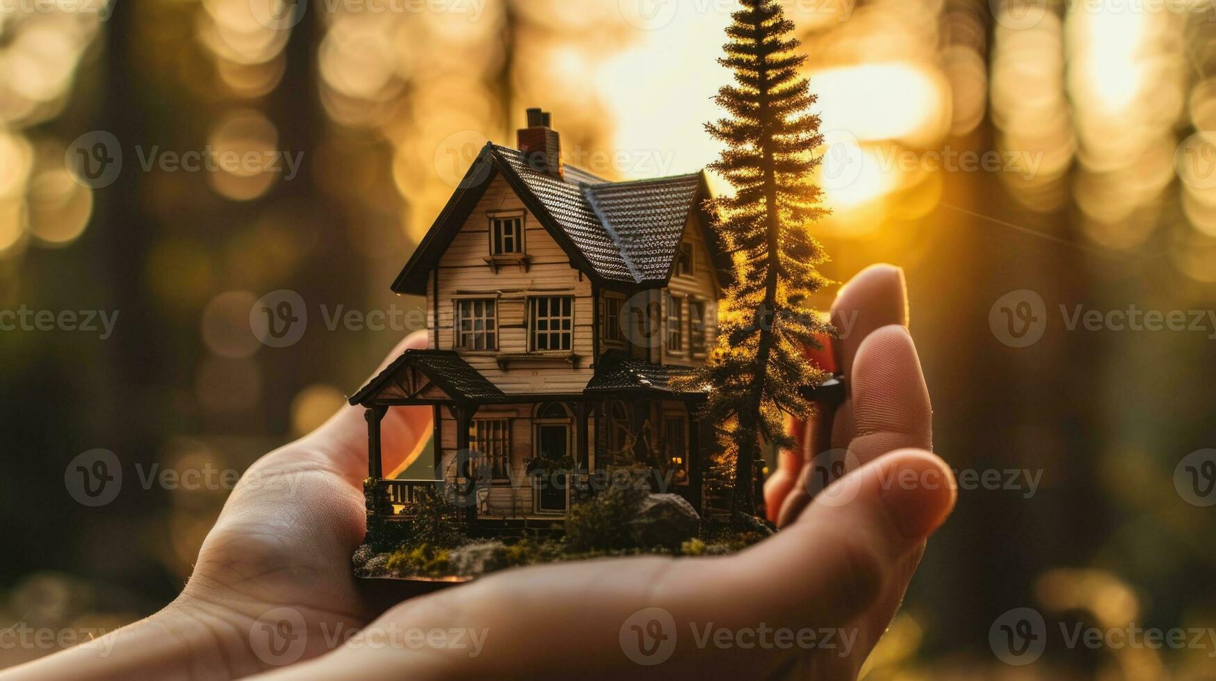 ai generado mano participación iluminado miniatura casa a puesta de sol. foto