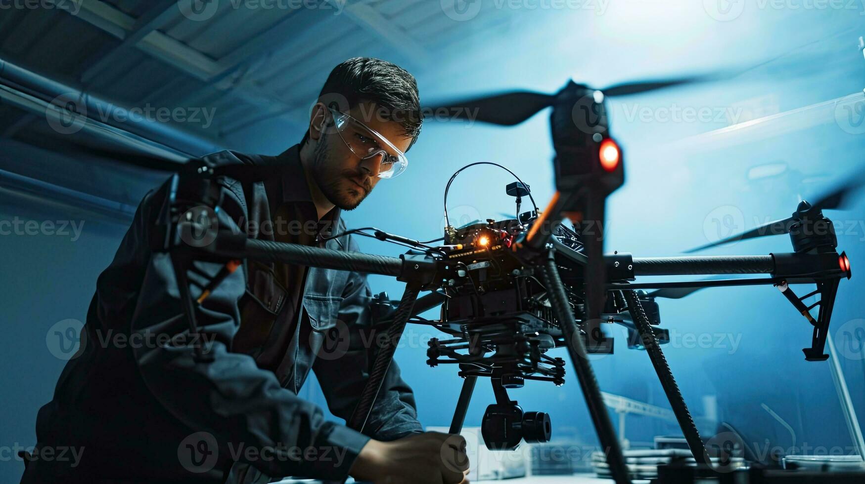 AI generated Engineer Focused on Assembling Advanced Aerial Drone Technology photo