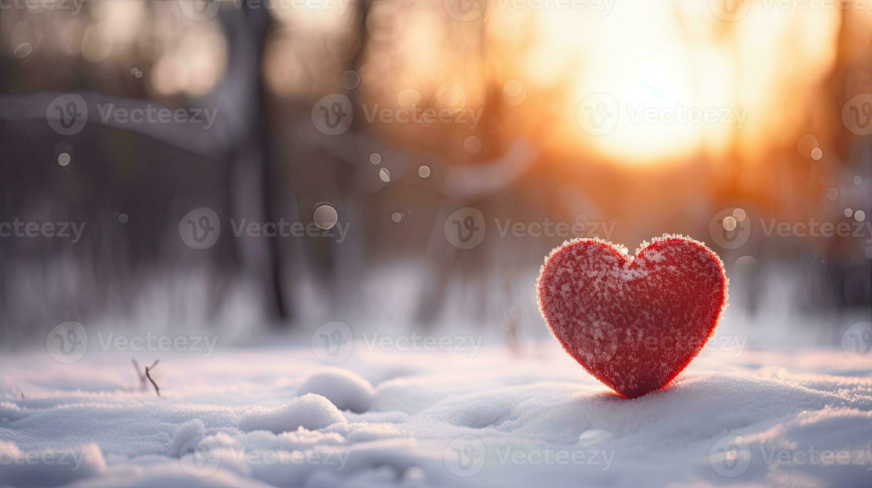 AI generated Red Heart in Snow Against Sunset, Symbolizing Winter Love photo