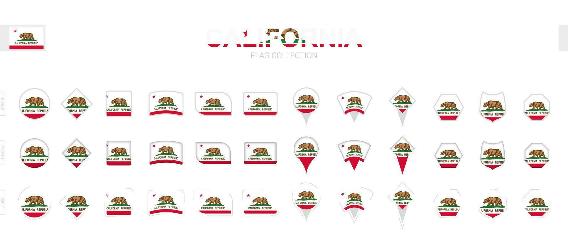 Large collection of California flags of various shapes and effects. vector