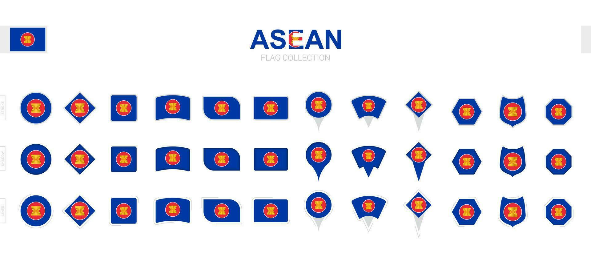 Large collection of ASEAN flags of various shapes and effects. vector