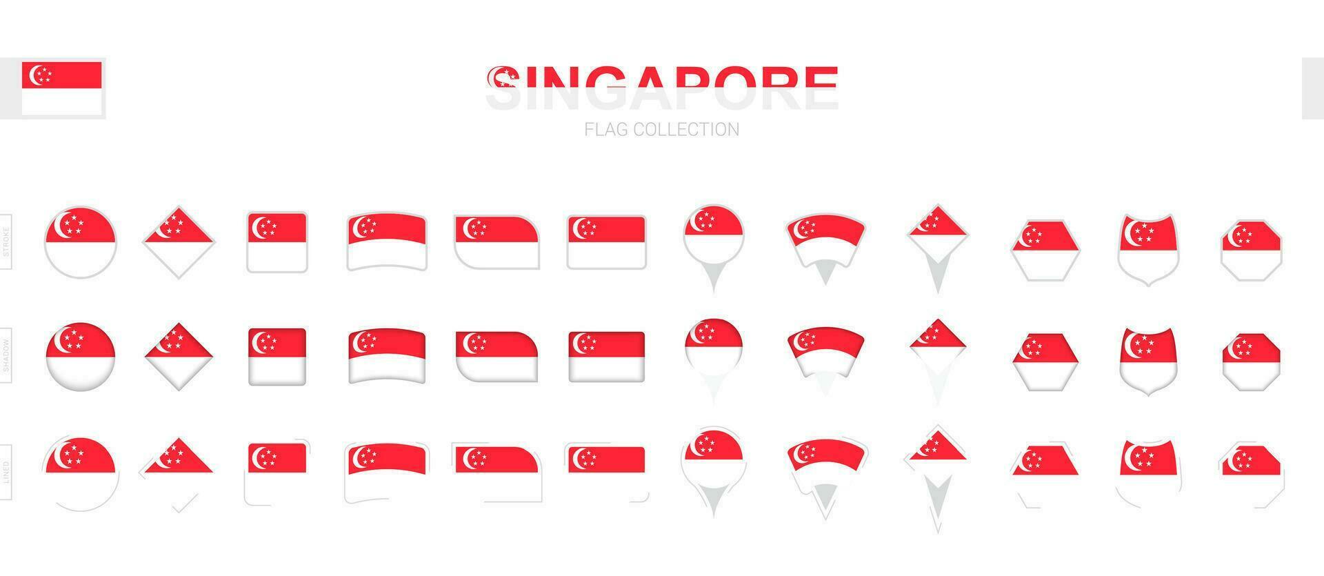 Large collection of Singapore flags of various shapes and effects. vector